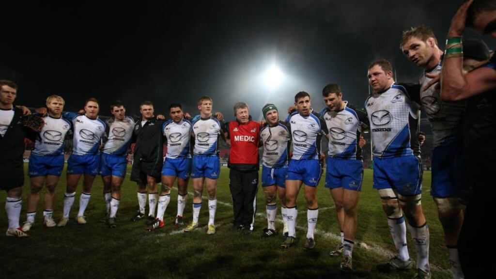 The Connacht team in a huddle after their seismic victory – probably in the history of the Heineken Cup – over four-time winners Toulouse at the Stade Ernest Wallon on Sunday. Photograph: Billy Stickland/Inpho