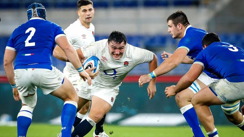 England hooker Jamie George in action during the Six Nations game against Italy at the Stadio Olimpico. Photograph: Matteo Ciambelli/Inpho