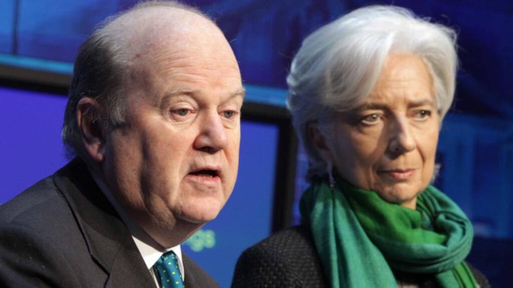 IMF managing director Christine Lagarde with Minister for Finance Michael Noonan  at a press conference  at Government Buildings earlier this month. The  fund has approved the disbursement of ¤970 million in the latest tranche of financial support on the successful conclusion of its ninth review of the Government’s performance in delivering on its commitments under the bailout programme.   Photograph: Mark Stedman/Photocall Ireland