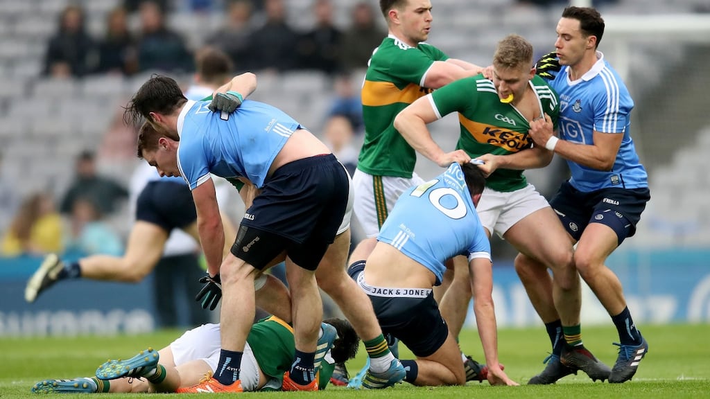 Tempers flare between Dublin and Kerry during their Allianz League Division One clash at Croke Park. Photo: Bryan Keane/Inpho