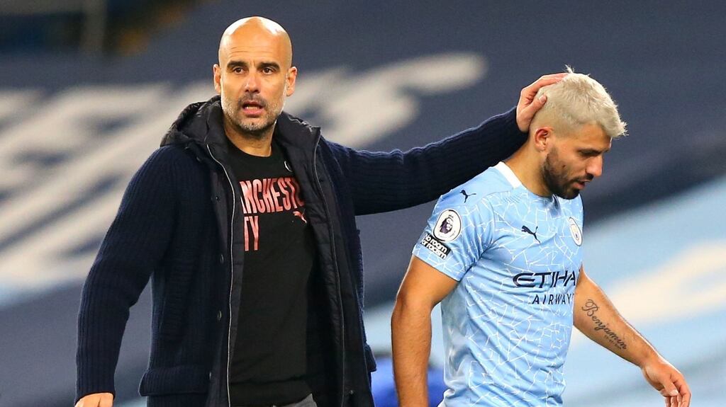 Manchester City manager Pep Guardiola with Sergio Agüero: ‘As the top scorer it is important for us to have him back.’ Photograph: Alex Livesey/PA Wire
