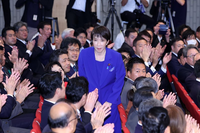 Newly-elected Liberal Democratic Party leader Sanae Takaichi receives an applause after winning the party leadership election on October 4th, 2025. Photograph: EPA