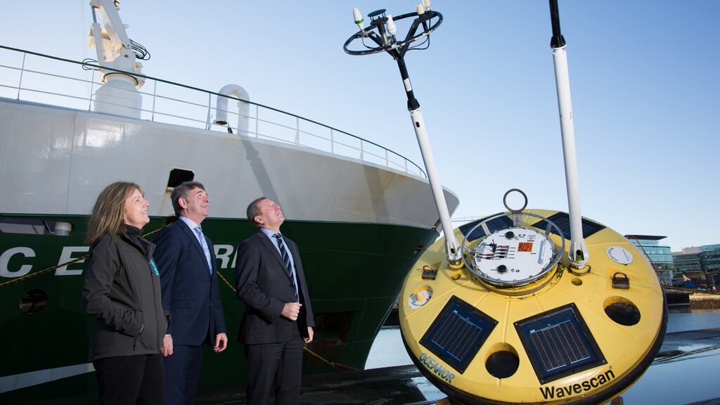Minister for Agriculture, Food and Marine Michael Creed  with Marine Institute CEO Peter Heffernan and Evelyn Cusack, head of forecasting at Met Éireann at the announcement of a €700,000 investment  in the marine data buoy network. Photograph: Darragh Kane