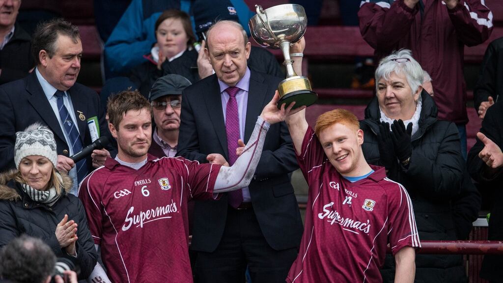 Joint Galway captains Gary O’Donnell and Adrian Varley lift the cup after defeating Roscommon to win the Connacht FBD Senior Football League Final at Tuam Stadium, Galway. Photograph: Inpho