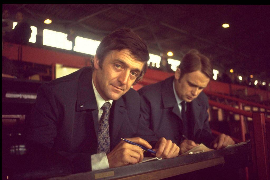 Television presenter Michael Parkinson at Old Trafford football stadium in Manchester, circa 1970. Photograph: TV Times via Getty Images
