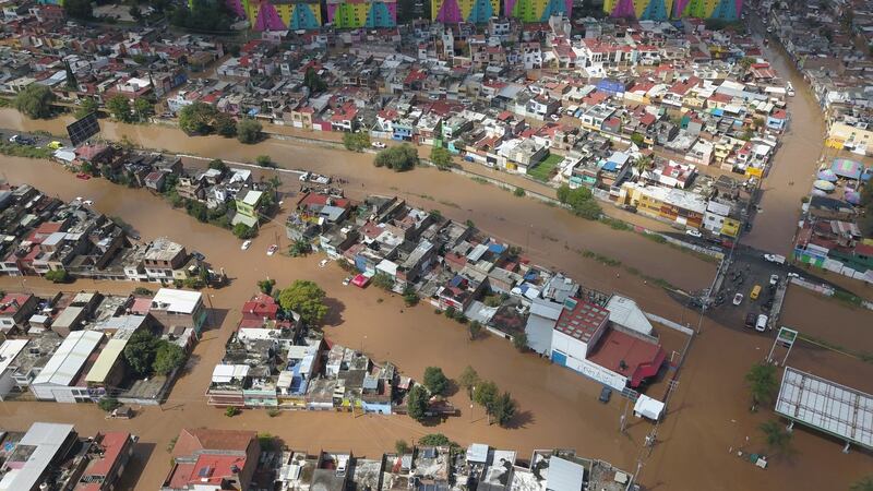 A general view of an urban area flooded due to the storms ahead of hurricane Willa, in Morelia, Michoacan, Mexico. Photograph: Ivan Villanueva/EPA