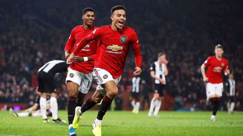 Manchester United’s Mason Greenwood celebrates scoring his side’s second goal of the game during the Premier League win over Newcastle. Photo: Martin Rickett/PA Wire