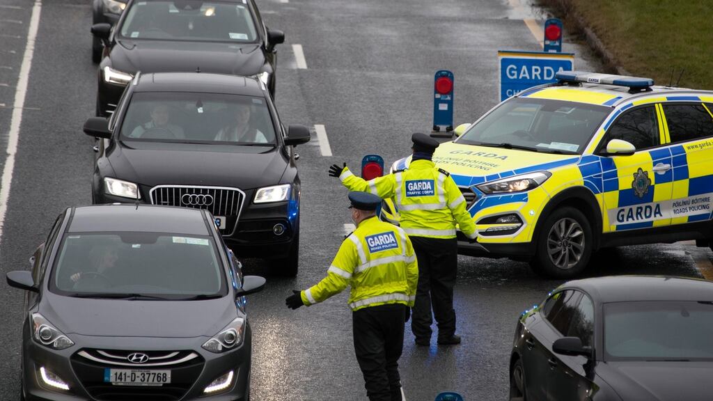 Gardaí conduct a Covid-19 checkpoint on the N1 road from Dublin Airport. Photograph: Colin Keegan, Collins Dublin