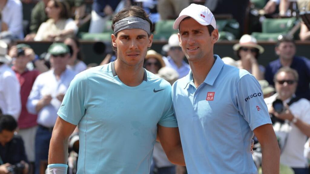 Spain’s Rafael Nadal with Novak Djokovic before last year’s French Open final at Roland Garros. Photograph: Miguel Medina/AFP/Getty