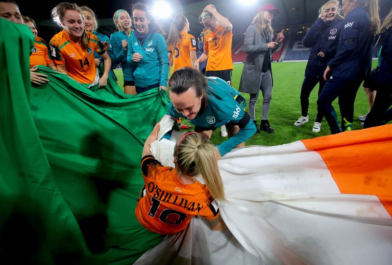Denise O'Sullivan celebrates with Ciara Grant. Photograph: Ryan Byrne/INPHO