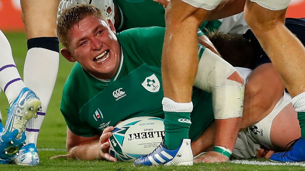 Tadhg Furlong celebrates his try against Scotland. Photograph: Odd Andersen/AFP/Getty