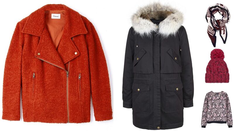 Rust red biker jacket, €289.06 by Ganni at My-Wardrobe.com; black fur-trimmed parka, €1,395 by Yves Salomon at Seagreen (seagreen.ie); wool-fringed circular scarf, €138 by Electronic Sheep at Bow, Powerscourt (bowpowerscourt.com); bobble hat, €9.99 at New Look; pink and black lurex jacquard sweater, €215 by MSGM at BT2