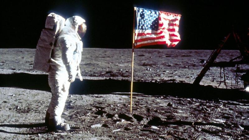 Astronaut Edwin “Buzz” Aldrin next to the US flag on July 20th, 1969 on the Moon during the Apollo 11 mission. File photograph: Nasa/Getty