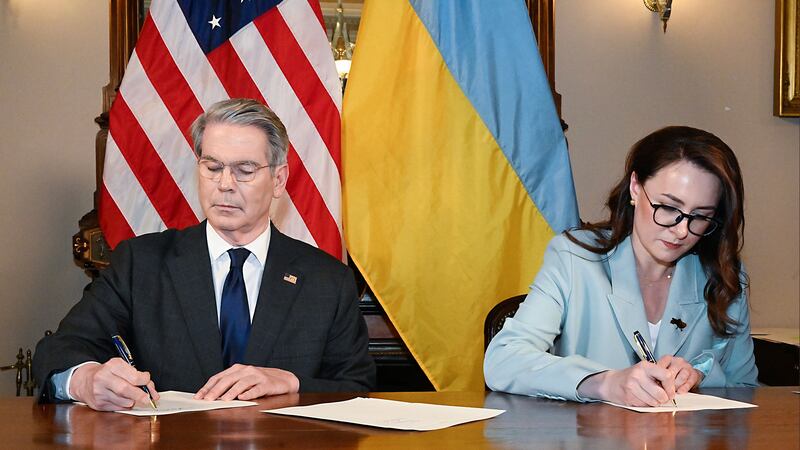 US treasury secretary Scott Bessent and Ukrainian first deputy prime minister Yulia Svyrydenko were shown signing the agreement in a photograph posted on X by the US treasury, which said the deal “clearly signals the Trump Administration’s commitment to a free, sovereign, prosperous Ukraine”. Photograph: US Treasury Department / X