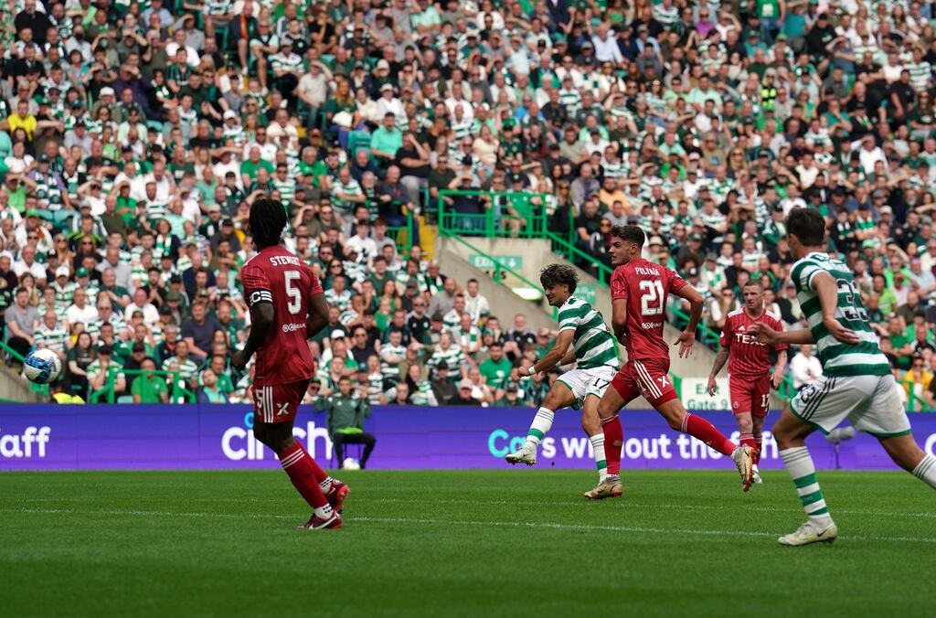 Celtic's Joao Neves Filipe Jota scores his side's second goal against Aberdeen during the Premiership match at Celtic Park, Glasgow. Photograph: Andrew Milligan/PA