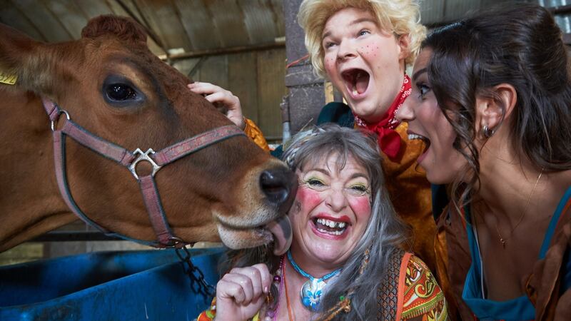 Fionnuala Linehan as Marjorie Dawe, Jimmy Brockie as Jack and Margarida Silva as Jill in Jack and the Beanstalk at the Everyman Theatre in Cork. Photograph: Miki Barlok