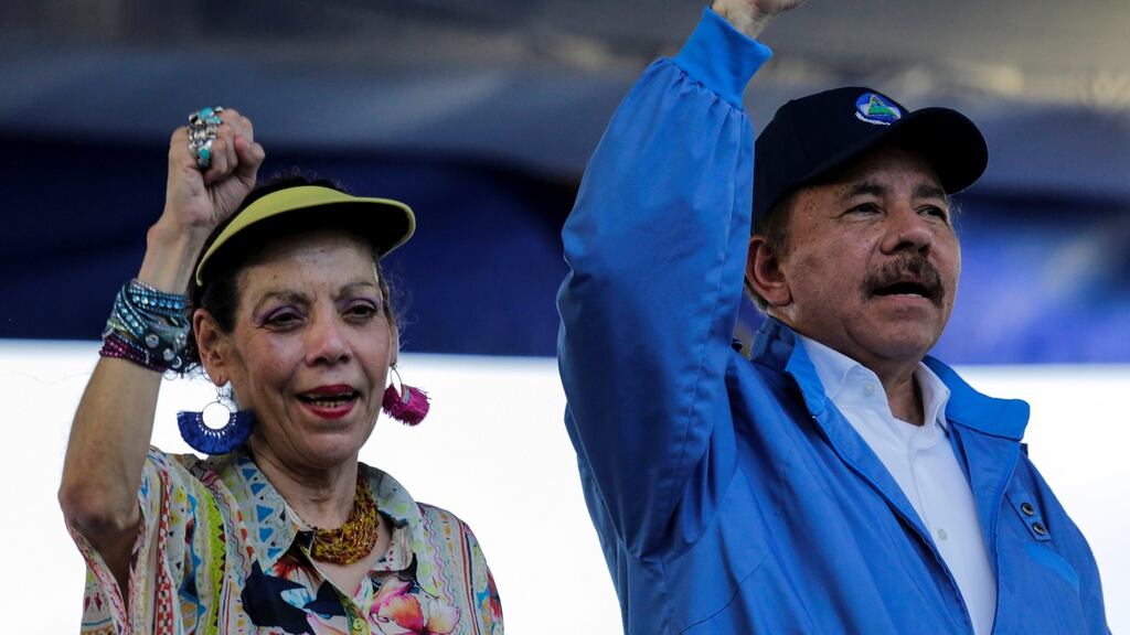 Nicaraguan president Daniel Ortega (right) and vice-president Rosario Murillo: deny government responsibility for the turmoil. Photograph: Oswaldo Rivas/Reuters