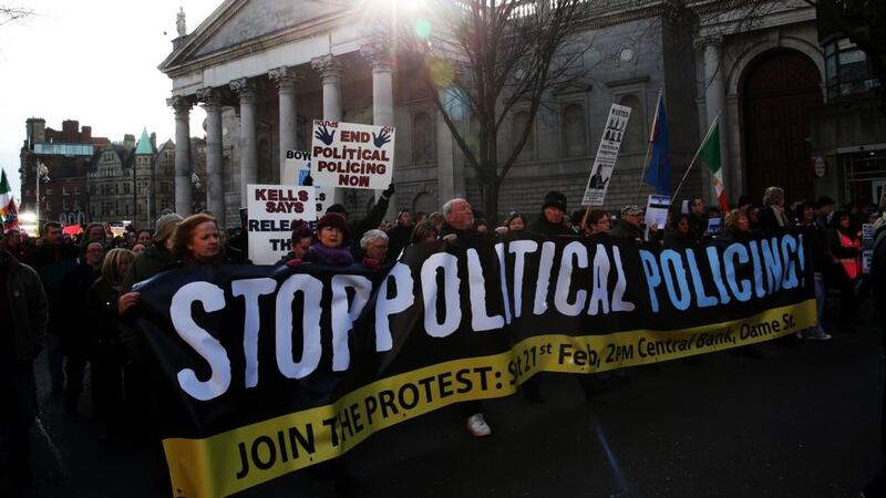 Protesters march from the Central Bank in Dublin to Mountjoy Prison over the imprisonment of five water charges demonstraters. Photograph: Brian Lawless/PA Wire
