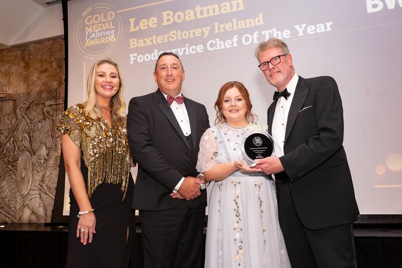 Anna Daly, MC of the night; Sylvester Barret, national sales manager at BWG Food Service; Amy Fuller learning and development manager at Baxter Storey; and John Farrelll, business development director at Baxter Storey Ireland. Photographer: Ruben Morrissey-Fernandez/Ruby Productions