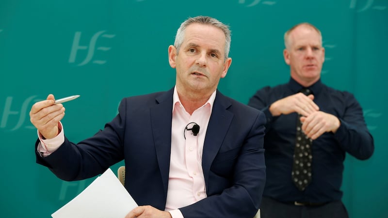 Health Service Executive chief Paul Reid during his briefing at University College Dublin where he said systems which had been established for three to six months would now be needed for a much longer period, perhaps into next year. Photograph: Leon Farrell/Photocall Ireland/PA Wire