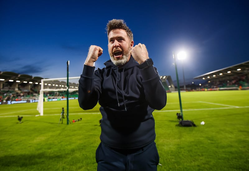 Shamrock Rovers’ manager Stephen Bradley celebrates after the game. Photograph: Ryan Byrne/Inpho