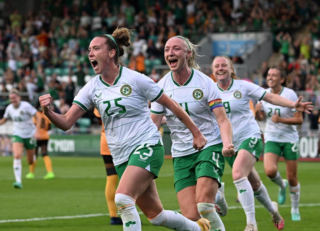 Claire O'Riordan celebrates after scoring during the friendly match against Zambia at Tallaght Stadium on Thursday. Photograph: Charles McQuillan/Getty Images