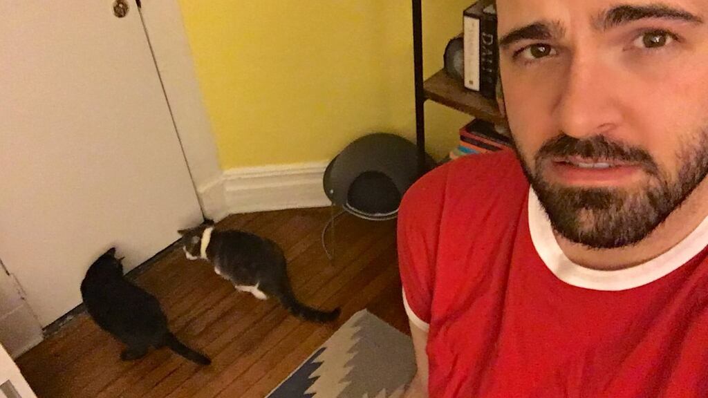 Adam Ellis looking worried as midnight approaches and his cats claw at the door