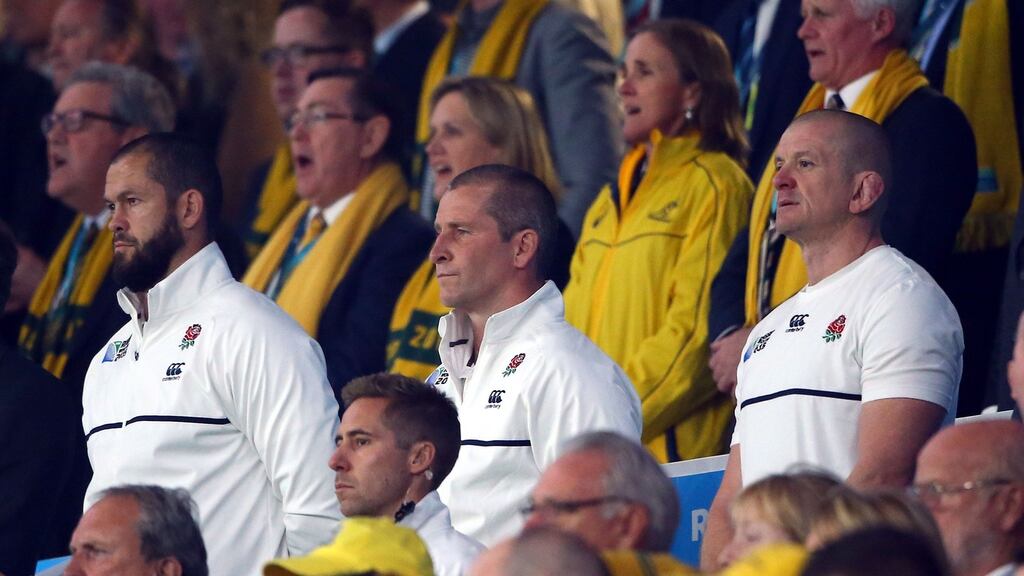 England head coach Stuart Lancaster (centre), backs coach Andy Farrell (left) and forwards coach Graham Rowntree. Photograph: Gareth Fuller/PA Wire