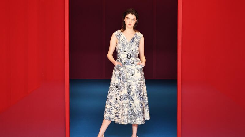 Brown Thomas S/S 2019: Laura O’Grady wears Christian Dior blue and white dress € 3,780. Photograph: Leon Farrell/Photocall Ireland