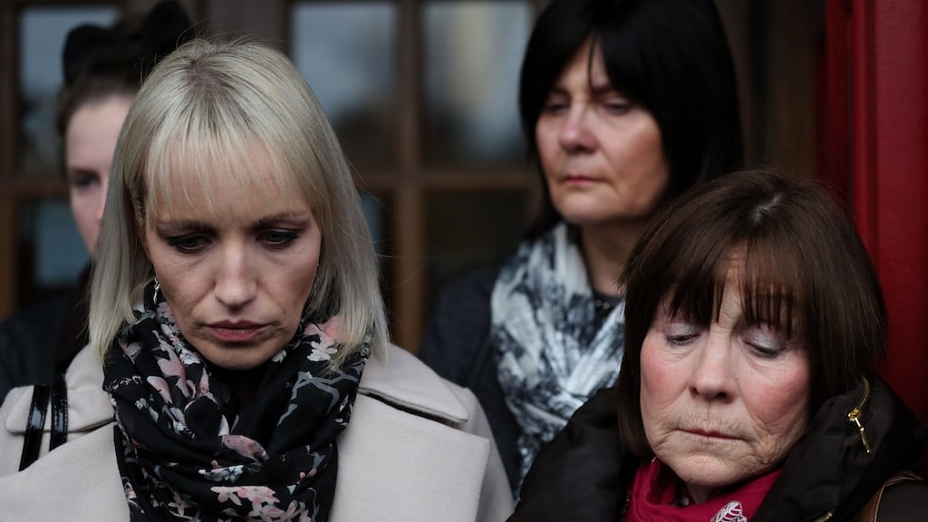 Clodagh Hawe’s mother Mary Coll (right) and sister Jacqueline Connelly (left) outside Cavan Court House on Tuesday following the inquest into the deaths of the Hawe family last year. Photograph: PA
