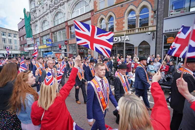 Marchers during the Northern Ireland centenary parade from Stormont towards City Hall in Belfast. Photograph: Niall Carson/PA