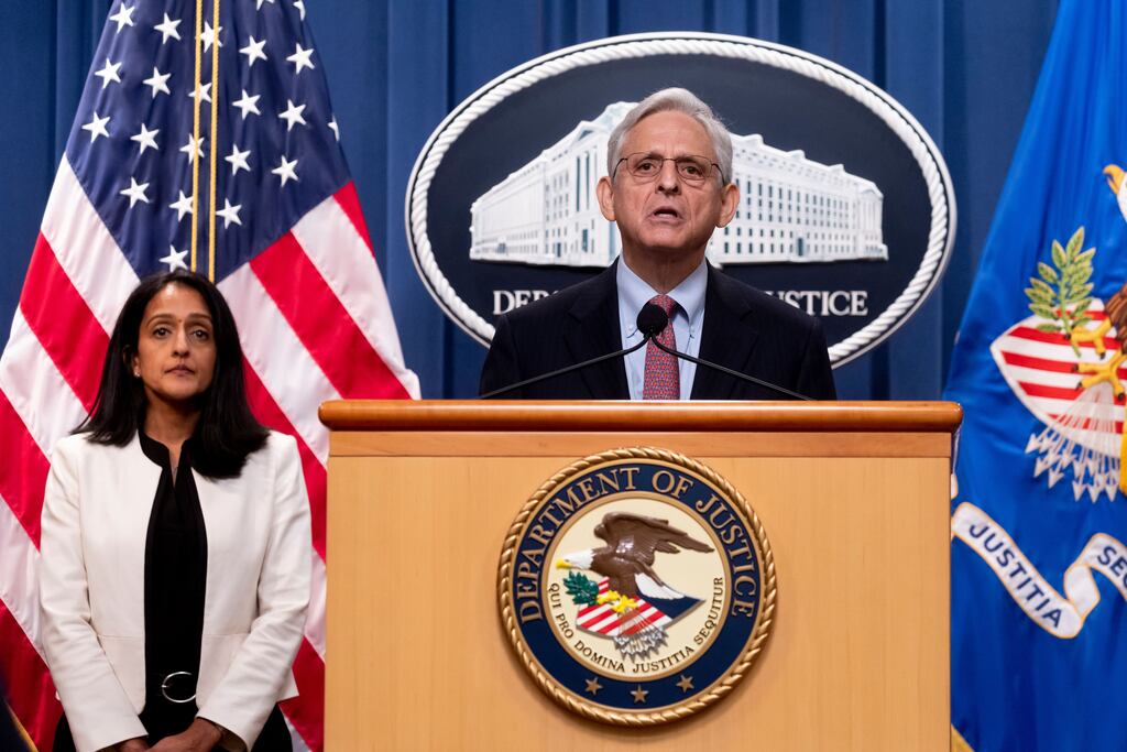 US attorney general Merrick Garland and associate attorney general Vanita Gupta during a news conference to announce litigation the department of justice is bringing against Idaho for the purpose of protecting access to reproductive healthcare following the supreme court's decision. Photograph: Michael Reynolds/EPA