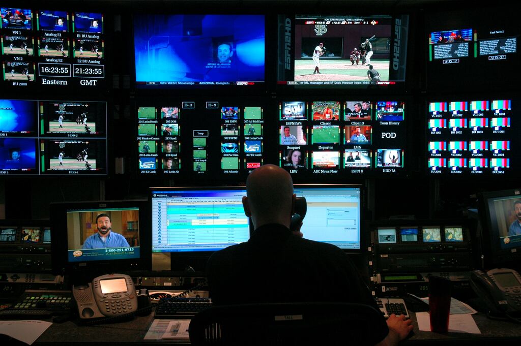 A control room at the ESPN headquarters in Bristol, Connecticut . Disney is being pressured to spin off ESPN, the sports-focused division that has been its traditional profit engine. Photograph: George Ruhe/The New York Times