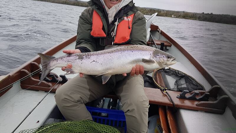 Armagh angler Liz Dermott proudly displays her Lough Melvin salmon