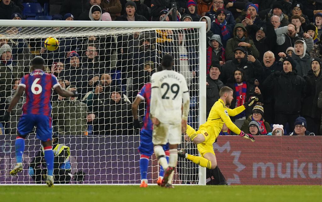 Manchester United goalkeeper David de Gea fails to stop Crystal Palace's Michael Olise (not pictured) scoring from a free-kick. Photograph: Adam Davy/PA