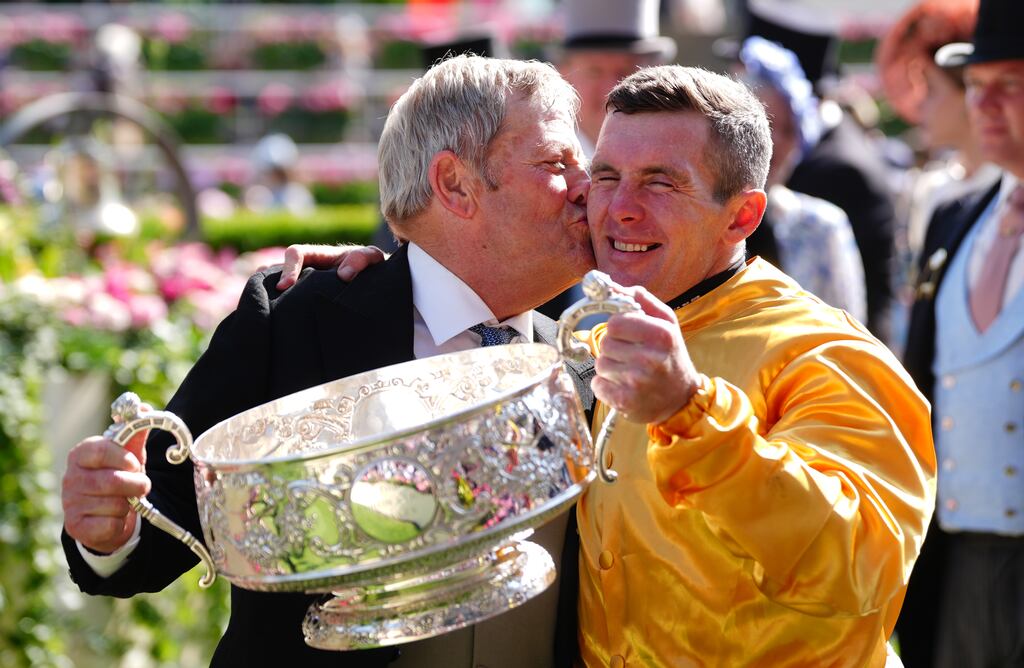 Trainer Joe Murphy and jockey Gary Carroll celebrate after winning the Coronation Stakes with Cercene on day four of Royal Ascot. Photograph: David Davies/PA