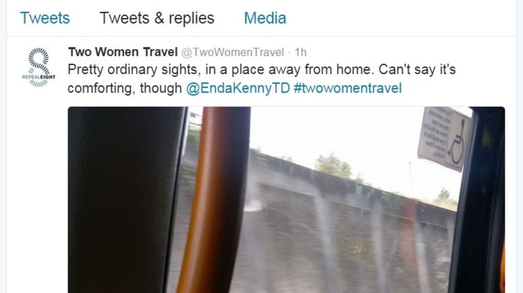 A tweet from the @twowomentravel account, which is documenting a woman’s journey to the UK to have an abortion. Photograph: Screenshot/@twotwomentravel/Twitter