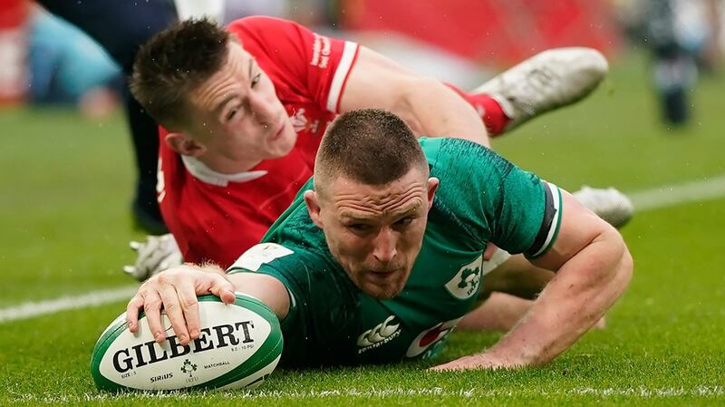 Ireland’s Andrew Conway scores a try at Aviva Stadium on Saturday. Photograph: Niall Carson/PA Wire