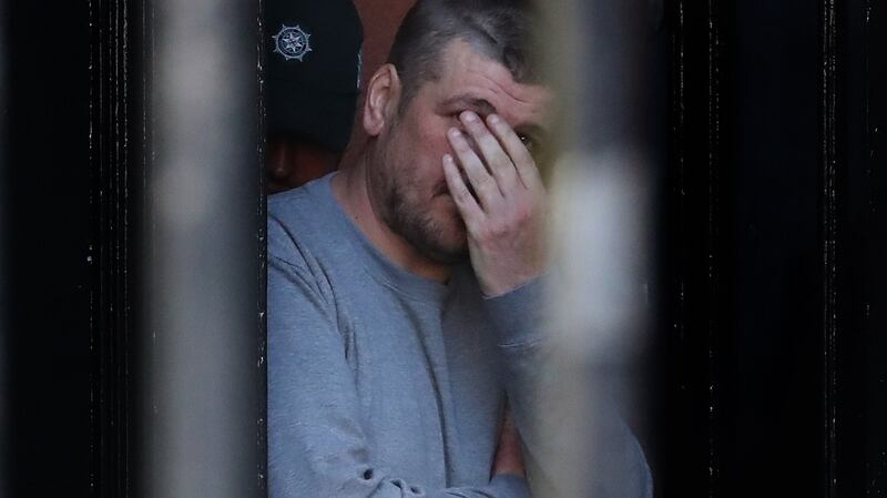 Christopher Gillen (38) leaving Derry Magistrates court after he charged with riot, petrol bomb offences and the arson and hijacking of a tipper truck, on the night Lyra McKee was killed in the Creggan area of the city. Photograph: Niall Carson/PA Wire