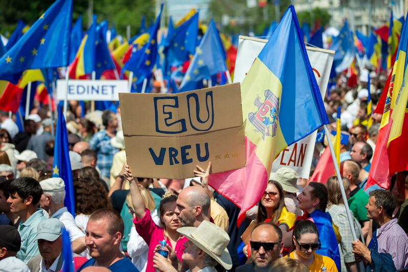 Pro-European citizens attend a "European Moldova" pro-EU rally in Chisinau last month. Photograph: Dumitru Doru/EPA
