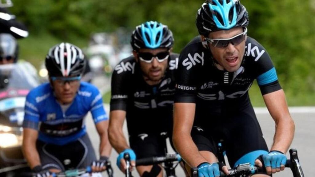 Philip Deignan leads Fabio Duarte and eventual stage winner Julian Arredondo on the final climb to Rifugio Panarotta yesterday. Photograph: Team Sky.