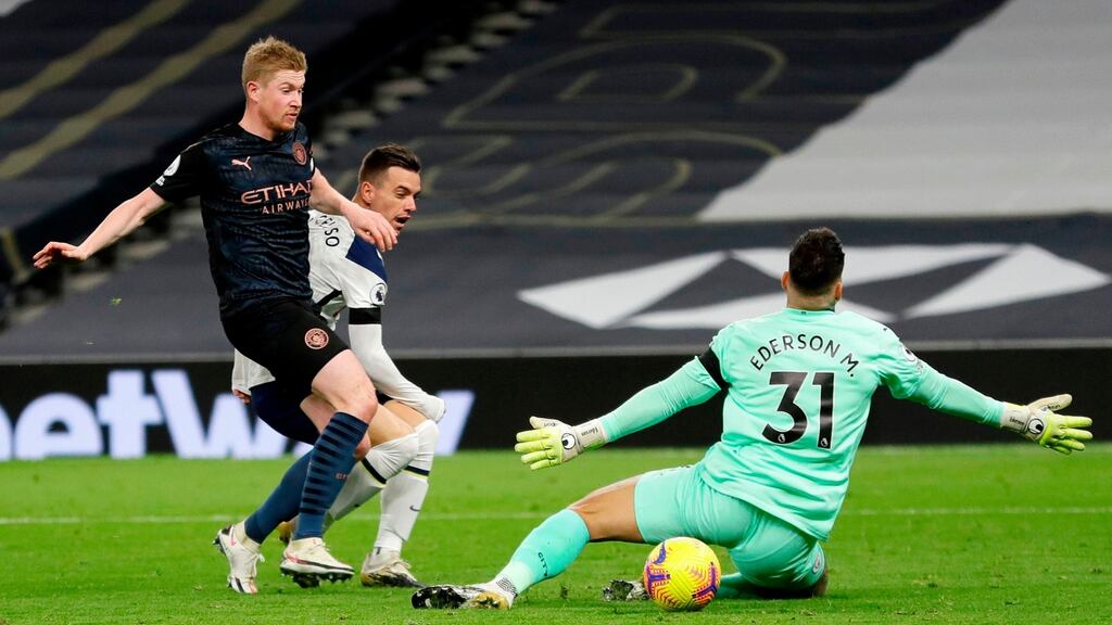 Giovani Lo Celso scores Spurs’ second goal during the Premier League game against Manchester City at Tottenham Hotspur Stadium. Photograph: Kirsty Wigglesworth/AFP via Getty Images