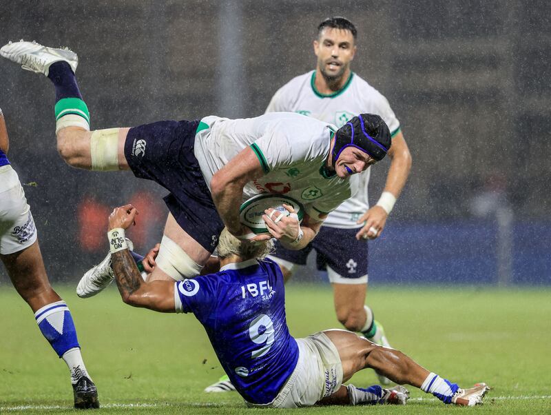 Ireland’s Ryan Baird with Jonathan Taumateine of Samoa. Photograph: Dan Sheridan/Inpho