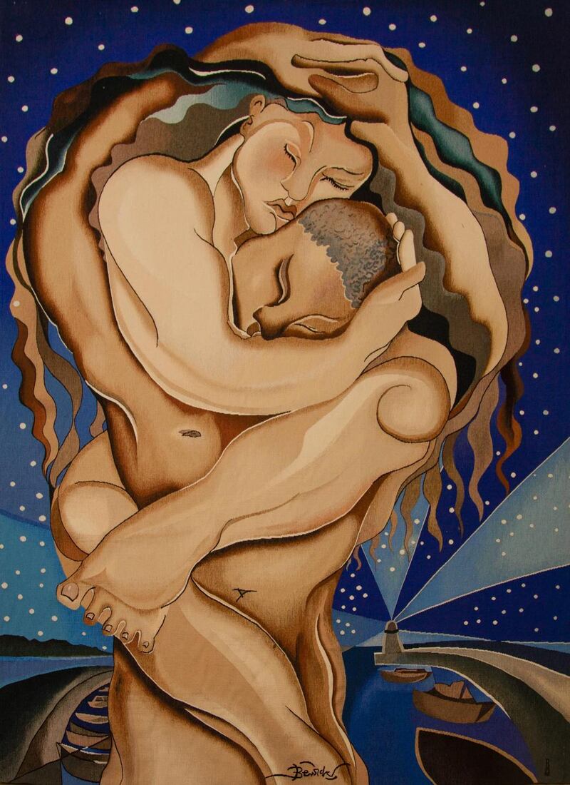 Lot 233, Pauline Bewick’s Lovers and Stars tapestry in wool and linen, comes with an estimate of €15,000-€20,000, at Fonsie Mealy’s