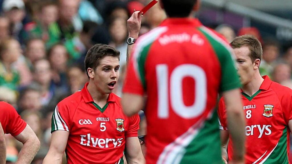 Lee Keegan of Mayo is shown the red card by referee David Goldrick last Sunday. Photograph: Donall Farmer/Inpho