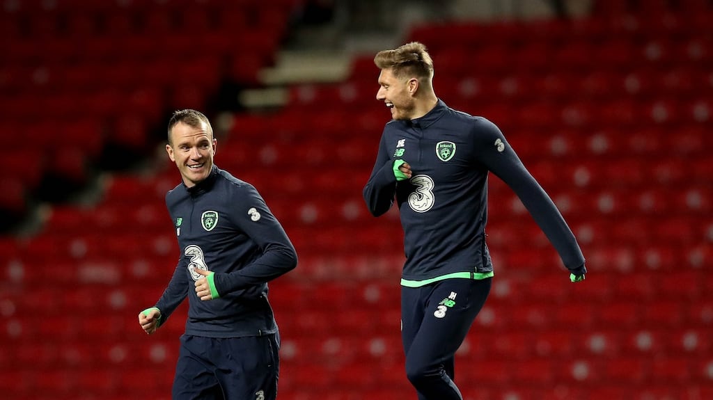 Glenn Whelan and Jeff Hendrick training with the Republic of Ireland squad at Parken stadium in Copenhagen on Friday. Photograph: Ryan Byrne/Inpho