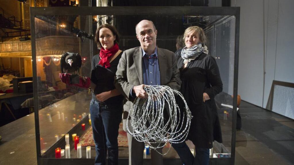 Nominated: Fiona Shaw, Colm Tóibín and Deborah Warner, with Pinhead, a vulture that appears in The Testament of Mary, which is up for the best-play Tony. Photograph: Joshua Bright/The New York Times