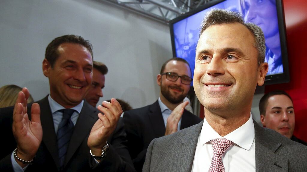 Presidential candidate Norbert Hofer (R) and head of the Austrian Freedom party Heinz-Christian Strache (L) react to the presidential election results in Vienna, Austria. Photograph: Heinz-Peter Bader/Reuters