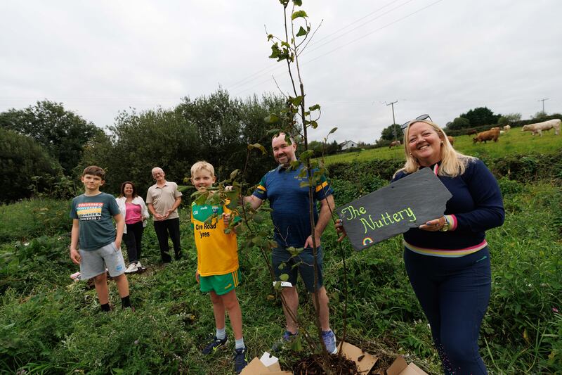 Jacob McEntee, Helen Meere, Thomas Mackey, Seán Gannon, Shane Lenihan, Green Club Officer and Roisin Ni Gháirbhith at the Inagh Nuttery where they have been planting native Irish hazel trees. Photograph: Eamon Ward