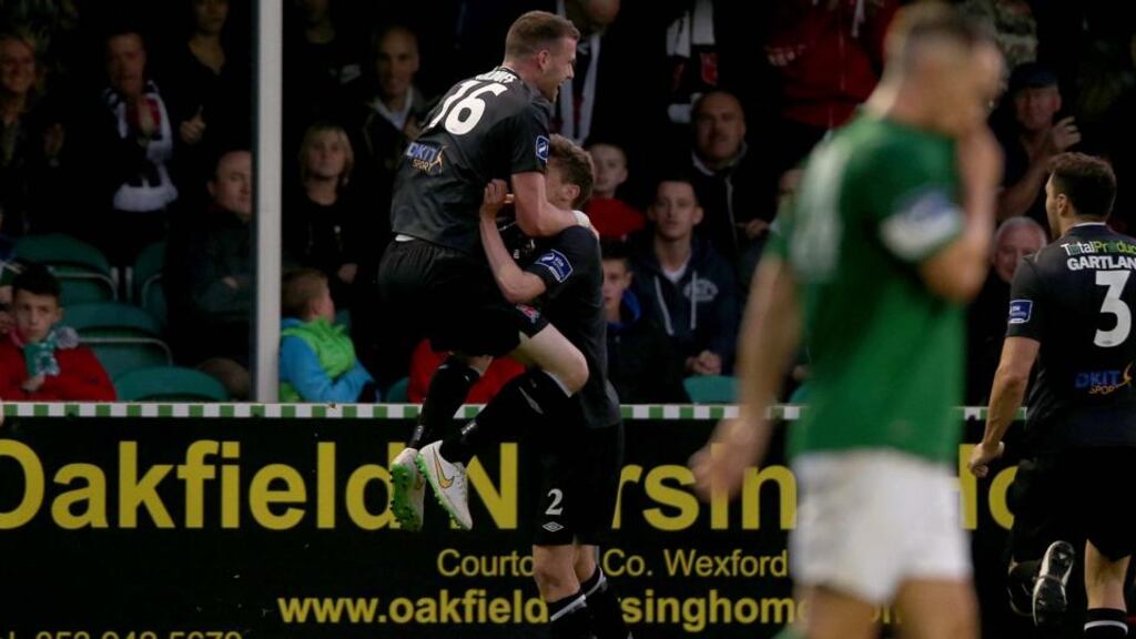 Ciaran Kilduff of Dundalk celebrates scoring the first goal of the game against Bray. Photograph: Donall Farmer/Inpho